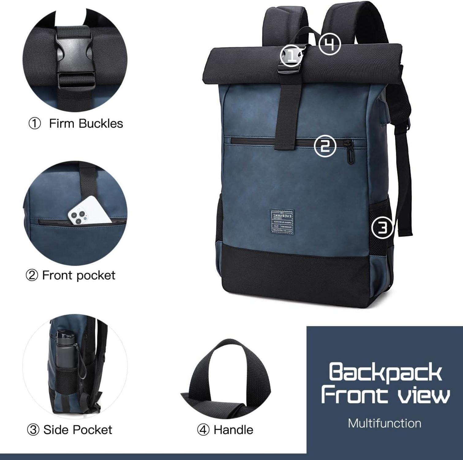 EverVanz Laptop Rucksack Rolltop USB Ladeanschluss 17 Zoll Wasserabweisend Blau