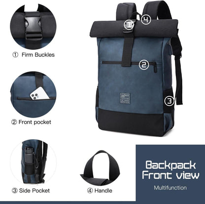 EverVanz Laptop Rucksack Rolltop USB Ladeanschluss 17 Zoll Wasserabweisend Blau