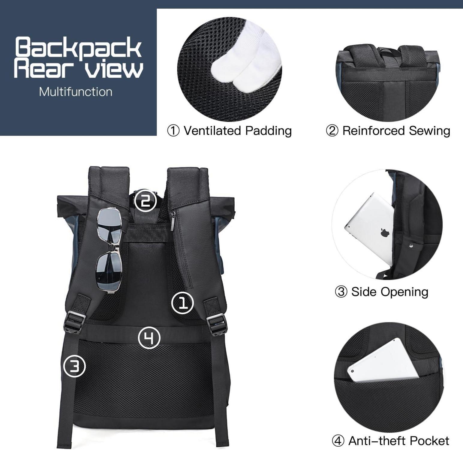 Rolltop Laptop Rucksack USB Leder Polyester 17 Zoll - Blau