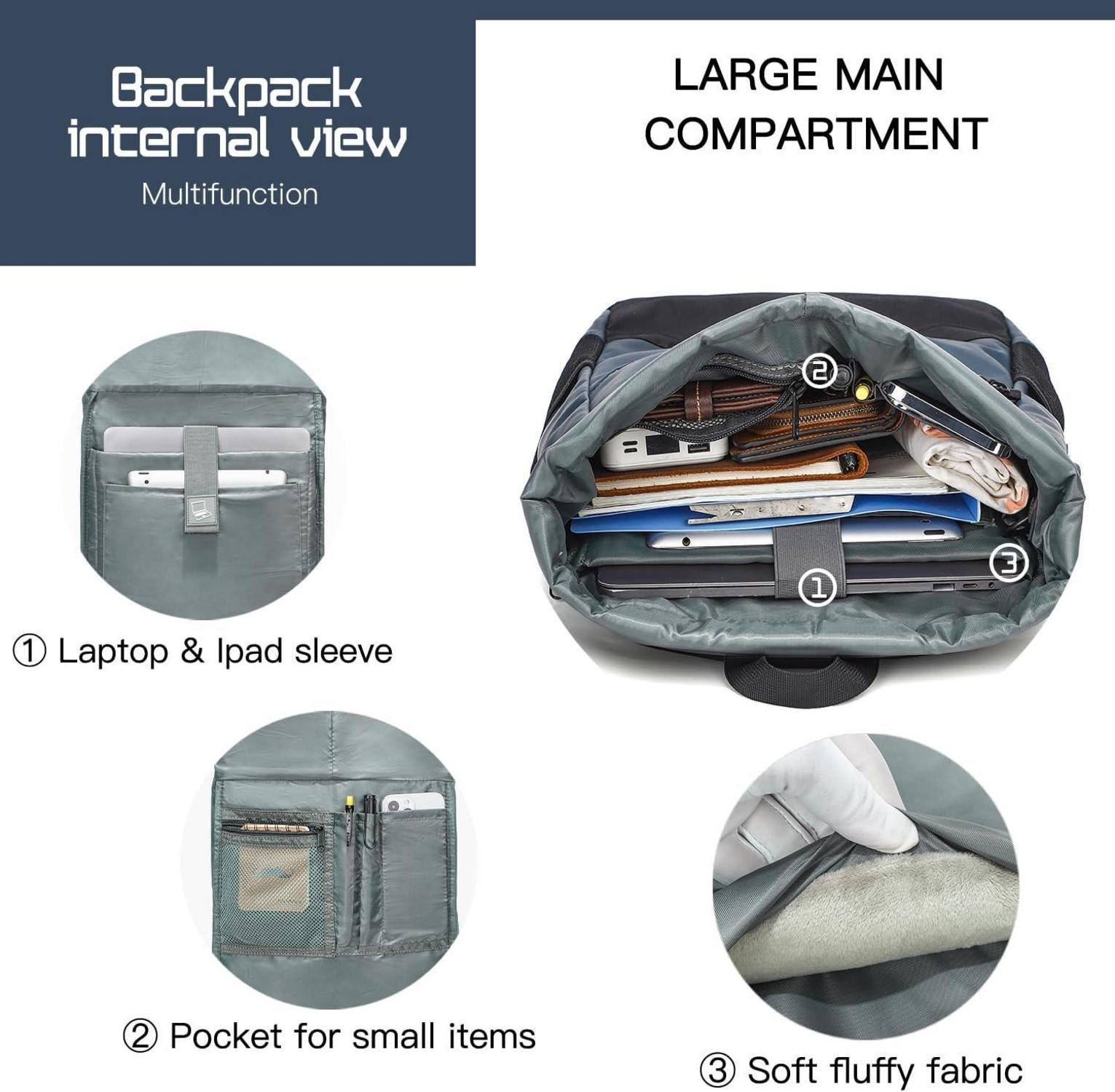 Rolltop Laptop Rucksack Leder Polyester USB 17 Zoll Damen Herren Blau