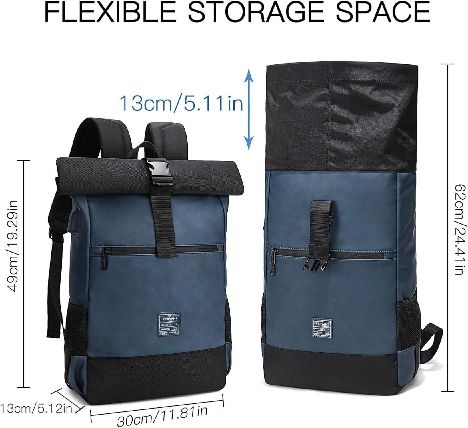 Rolltop Laptop Rucksack USB Leder Polyester 17 Zoll - Blau