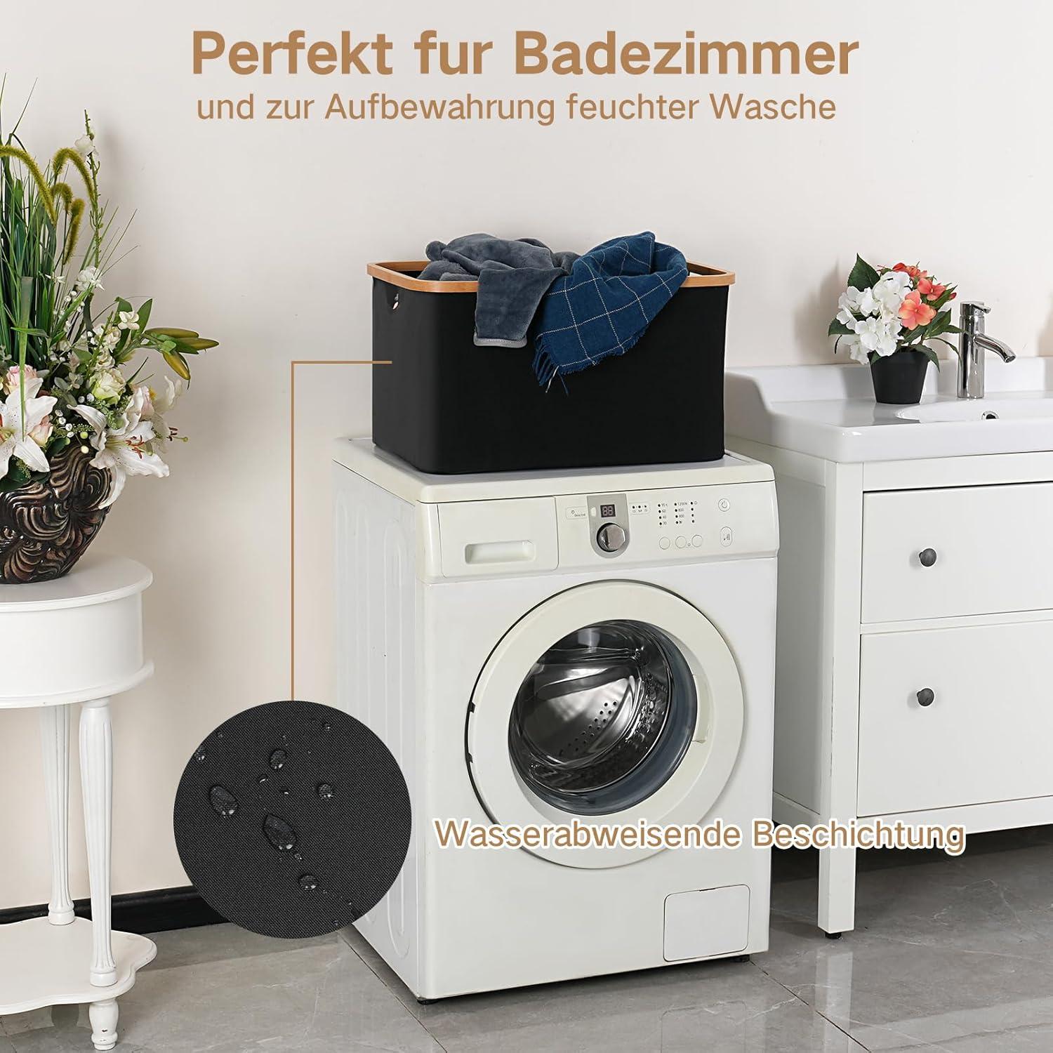 Faltbarer Wäschekorb 60L Bambus Stoff Aufbewahrung Basket Schwarz-60l