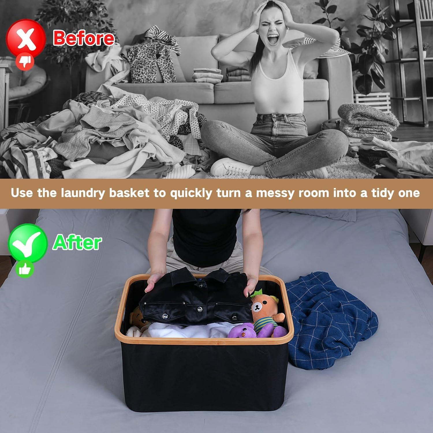 Faltbarer Wäschekorb 60L Bambus Stoff Schwarz-60l