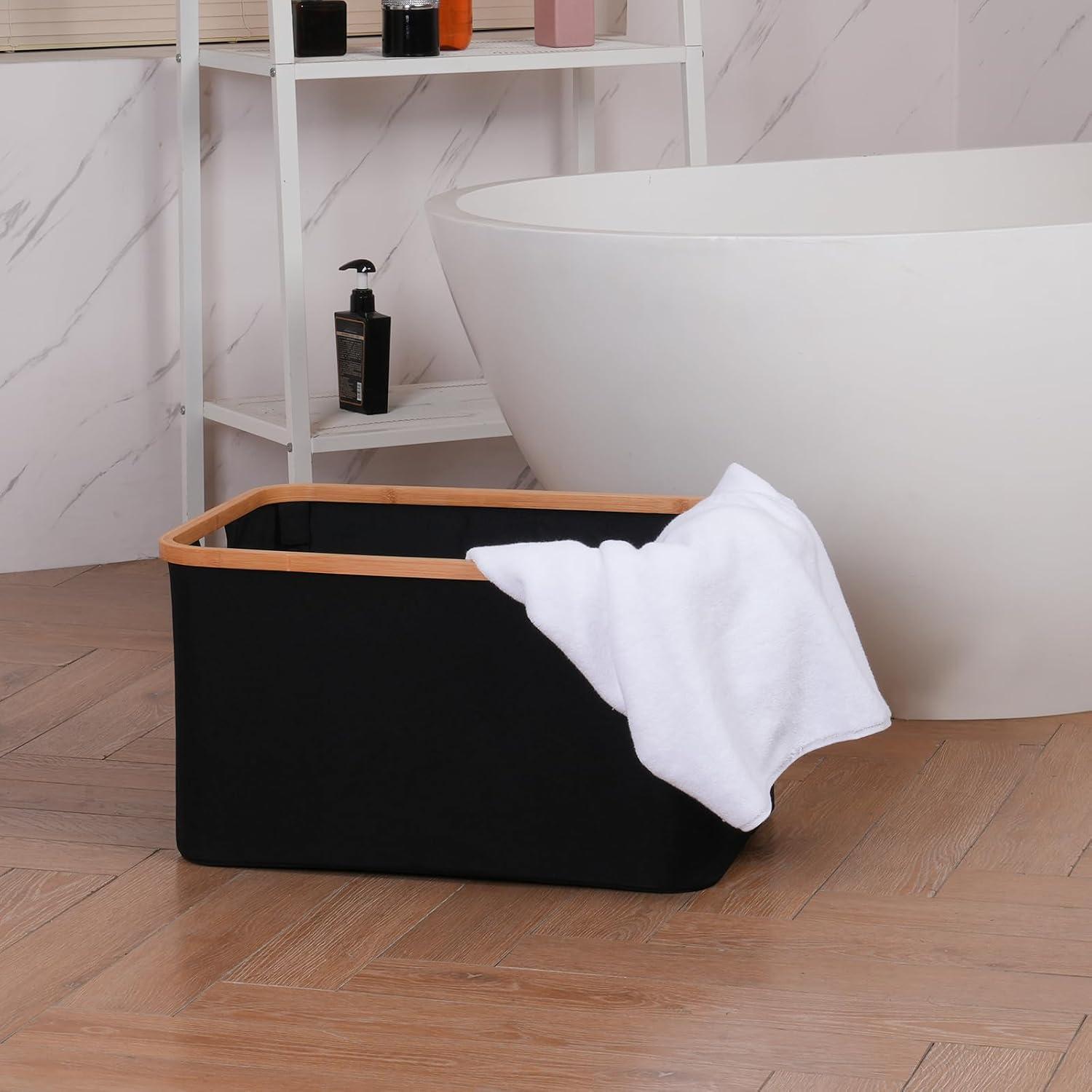 Faltbarer Wäschekorb 60L Bambus Stoff Schwarz-60l