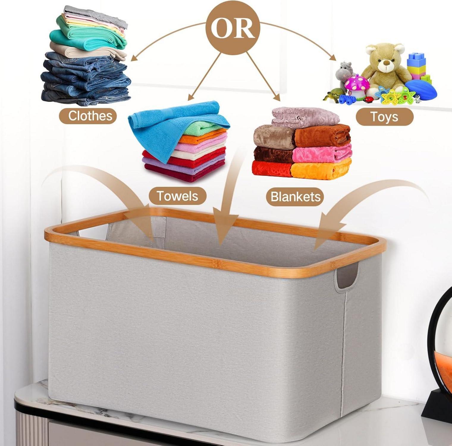 Faltbarer Wäschekorb 60L Bambus Stoff Aufbewahrung Hellgrau