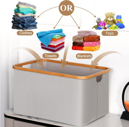 Faltbarer Wäschekorb 60L Bambus Stoff Aufbewahrung Hellgrau