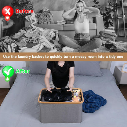 Bambus Wäschekorb 60L Bambus Stoff Faltbarer Storage Basket Grau