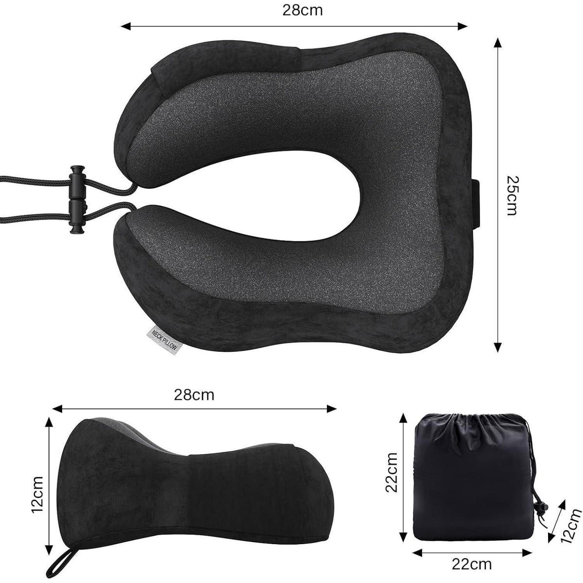 Nackenkissen Reise aus Memory Foam mit samtweichem Bezug (Schwarz)