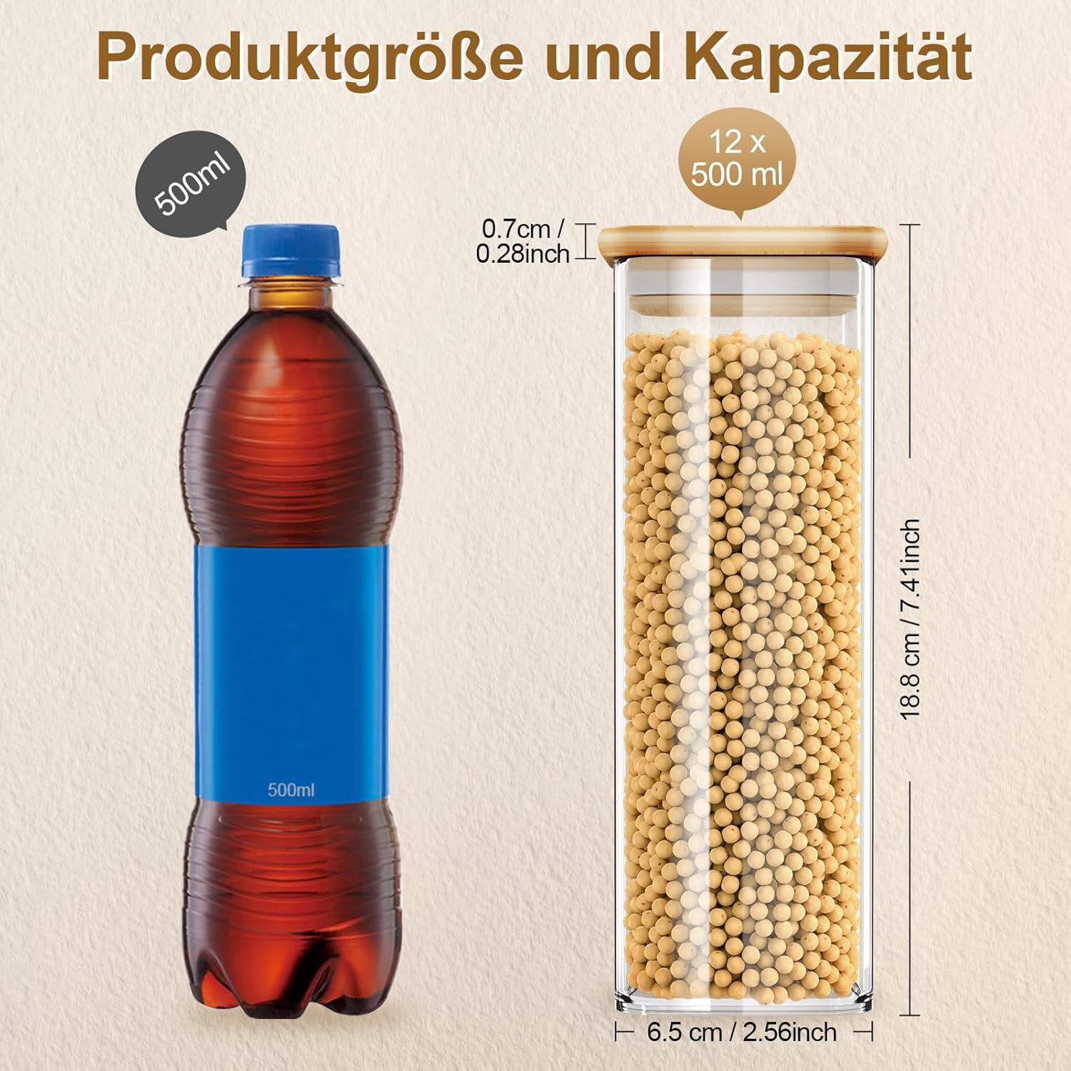 12er Set Gewürzgläser Bambusdeckel 500ml Luftdicht