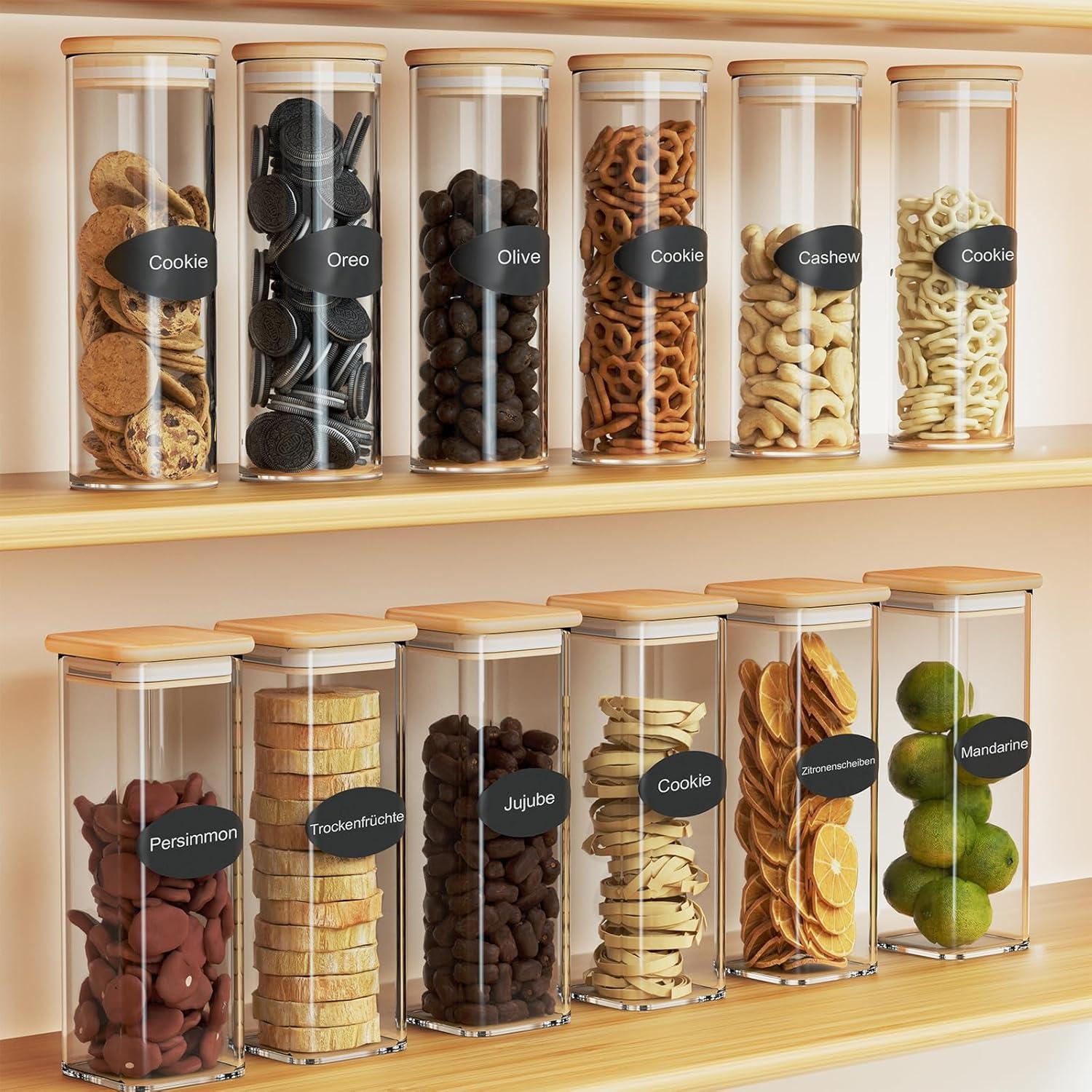 Gewürzgläser Set - 12 x 500ml Glasbehälter Bambusdeckel Vorratsdosen