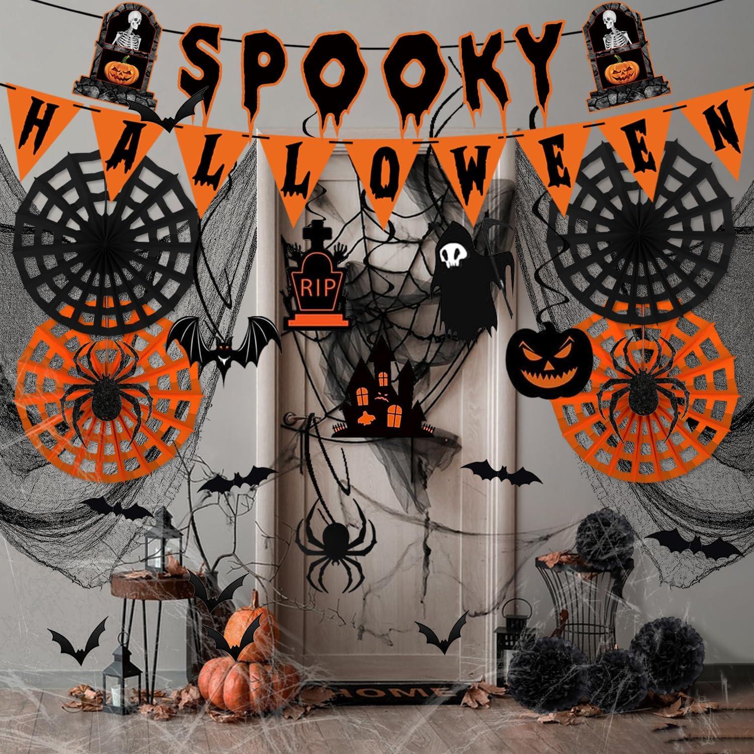 YBwanli Halloween Deko Set 38 Stück Horror Spinnennetz Fledermaus Girlande Gothic Totenkopf
