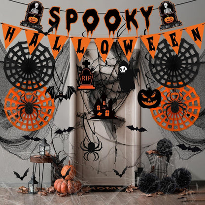 YBwanli Halloween Deko Set 38 Stück Horror Spinnennetz Fledermaus Girlande Gothic Totenkopf