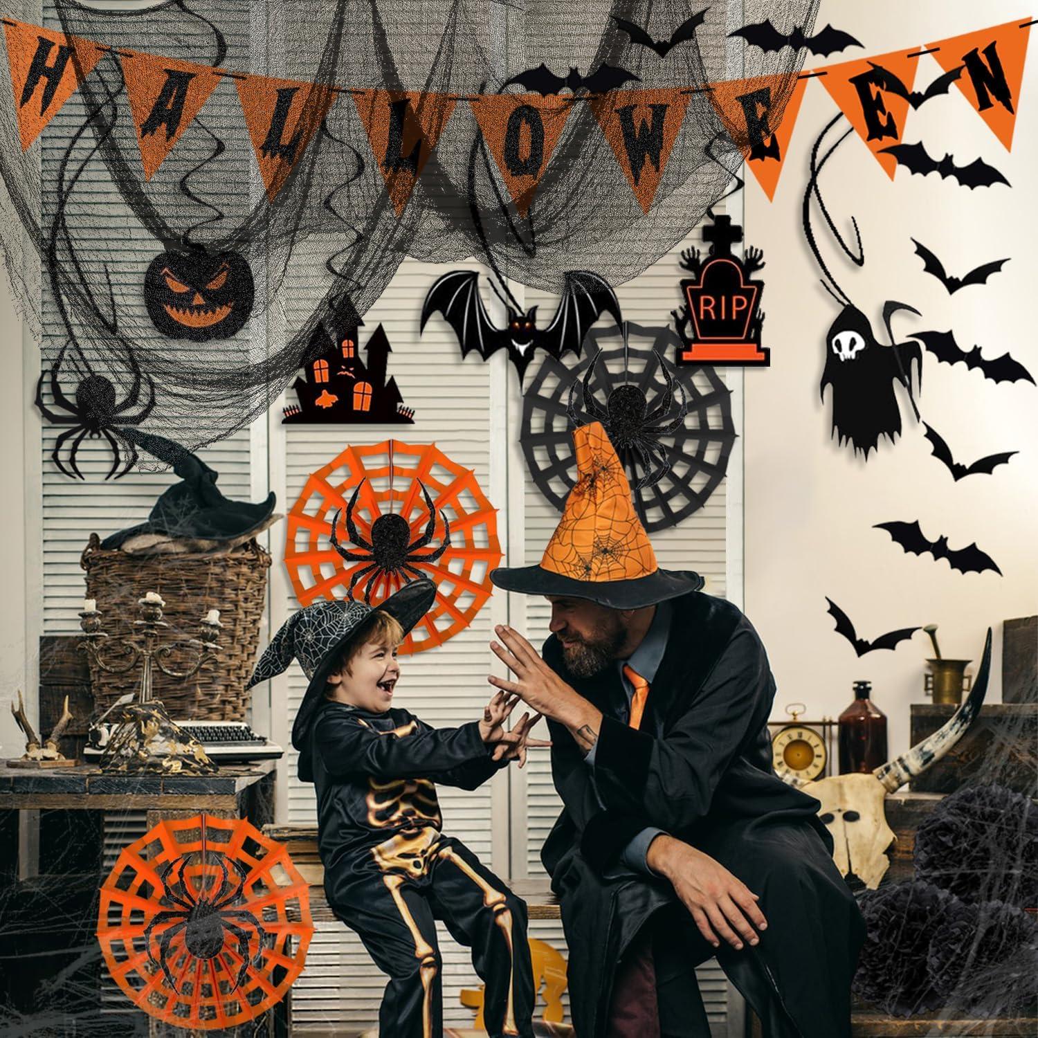 Halloween Deko Set 38Stück Outdoor Garten Spinnennetz Fledermaus Girlande
