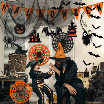 Halloween Deko Set 38Stück Outdoor Garten Spinnennetz Fledermaus Girlande