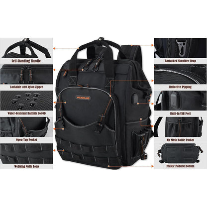 Werkzeugrucksack mit 55 Taschen, strapazierfähig und gepolstert