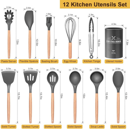 12-teiliges Silikon Küchenhelfer Set mit Holzgriff in Grau