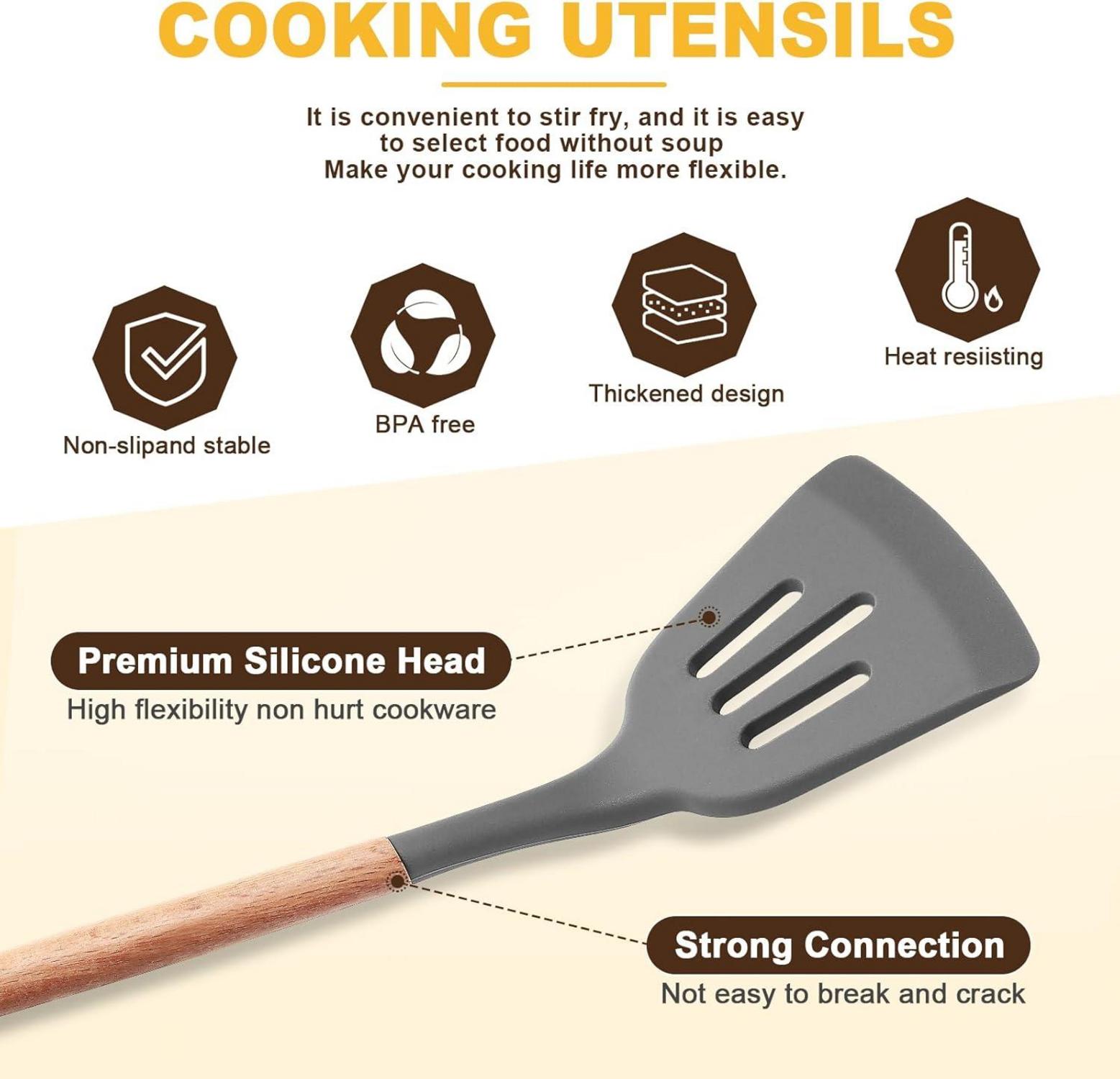 12-teiliges Silikon Küchenhelfer Set mit Holzgriff - Grau