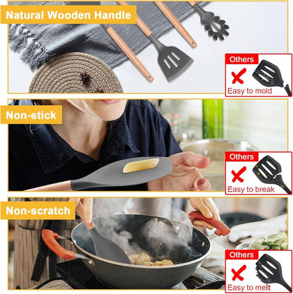 12-teiliges Silikon Küchenhelfer Set mit Holzgriff und Utensilienhalter in Grau