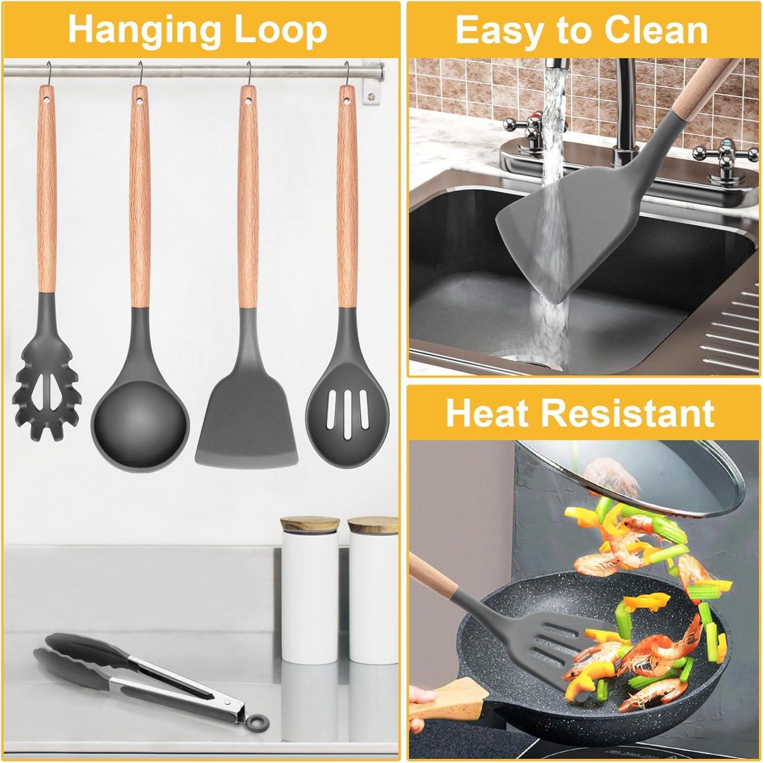 12-teiliges Silikon Küchenhelfer Set mit Holzgriff und