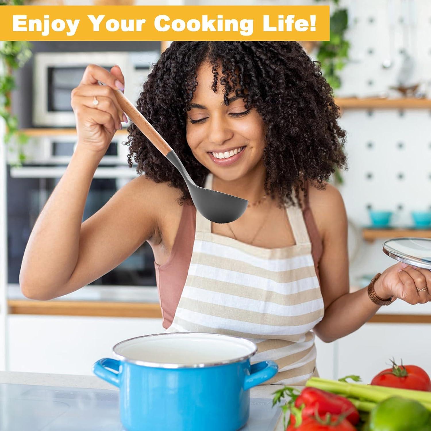 12-teiliges Silikon Küchenhelfer Set Holzgriff Antihaft Utensilienhalter Grau