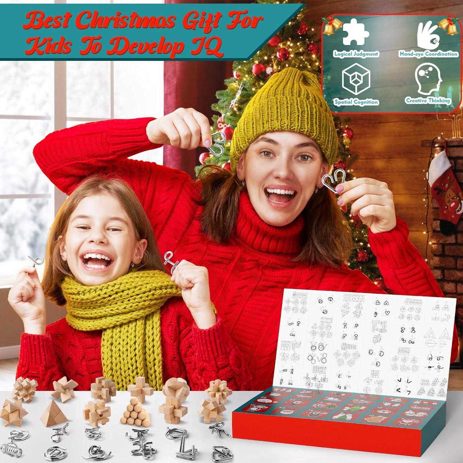 Knobelspiele Adventskalender 2024 - Metall Knobelei & Holz Rätsel, IQ Puzzle für Kinder & Erwachsene