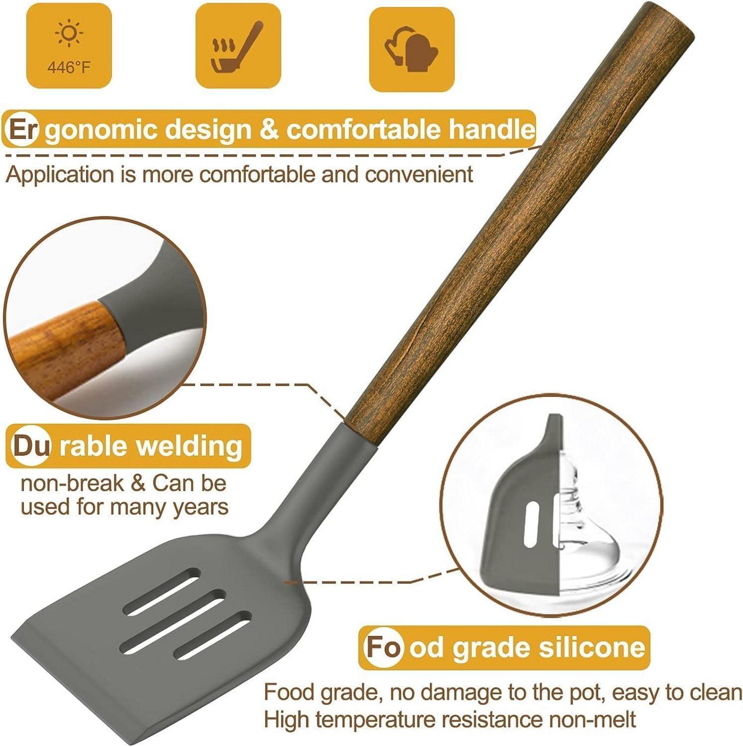 8-teiliges Silikon Küchenhelfer Set mit Holzgriff, Antihaft