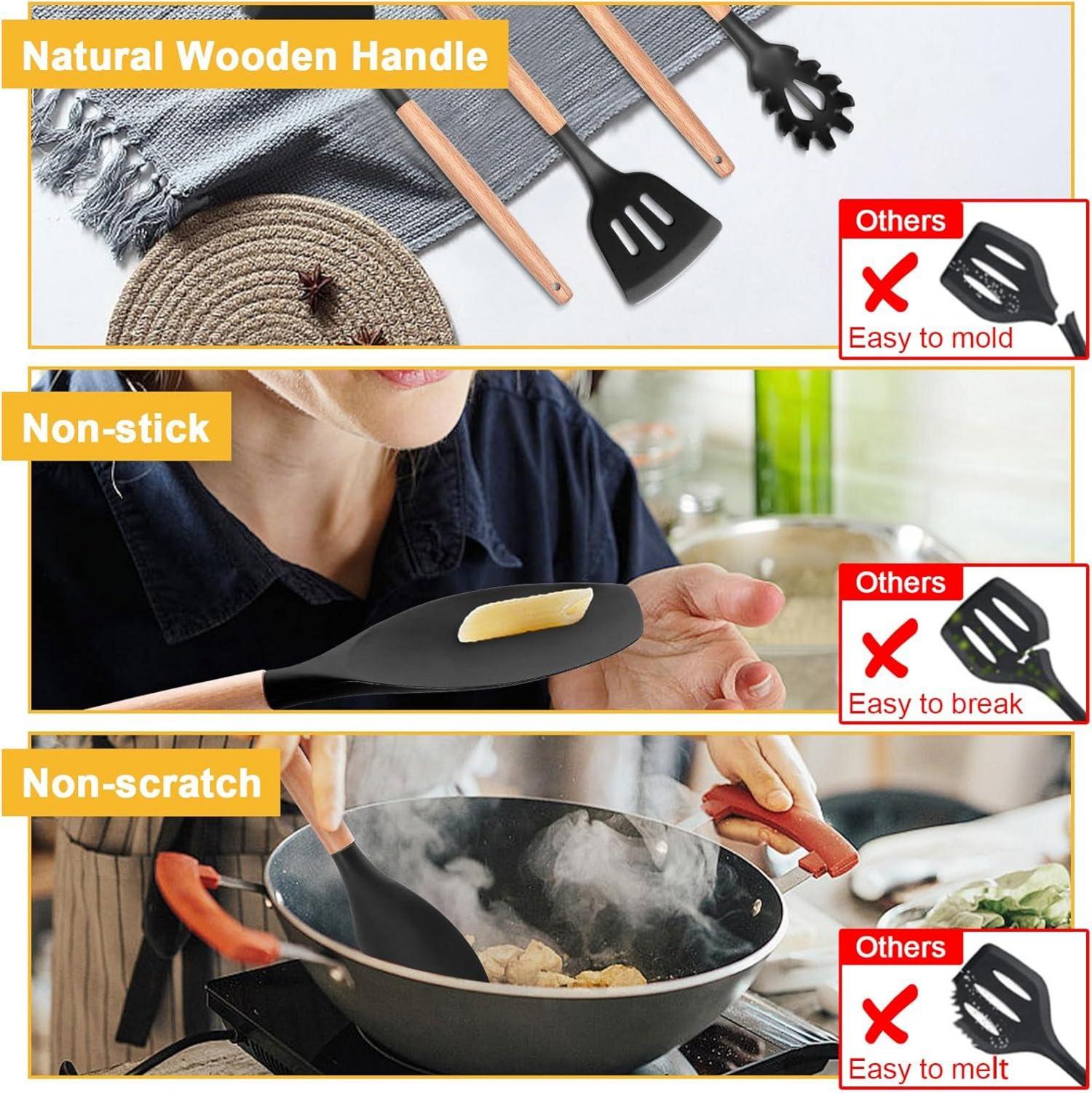 12-teiliges Silikon Küchenhelfer Set mit Holzgriff und Utensilienhalter, Schwarz