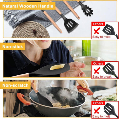 12-teiliges Silikon Küchenhelfer Set mit Holzgriff und Utensilienhalter, Schwarz