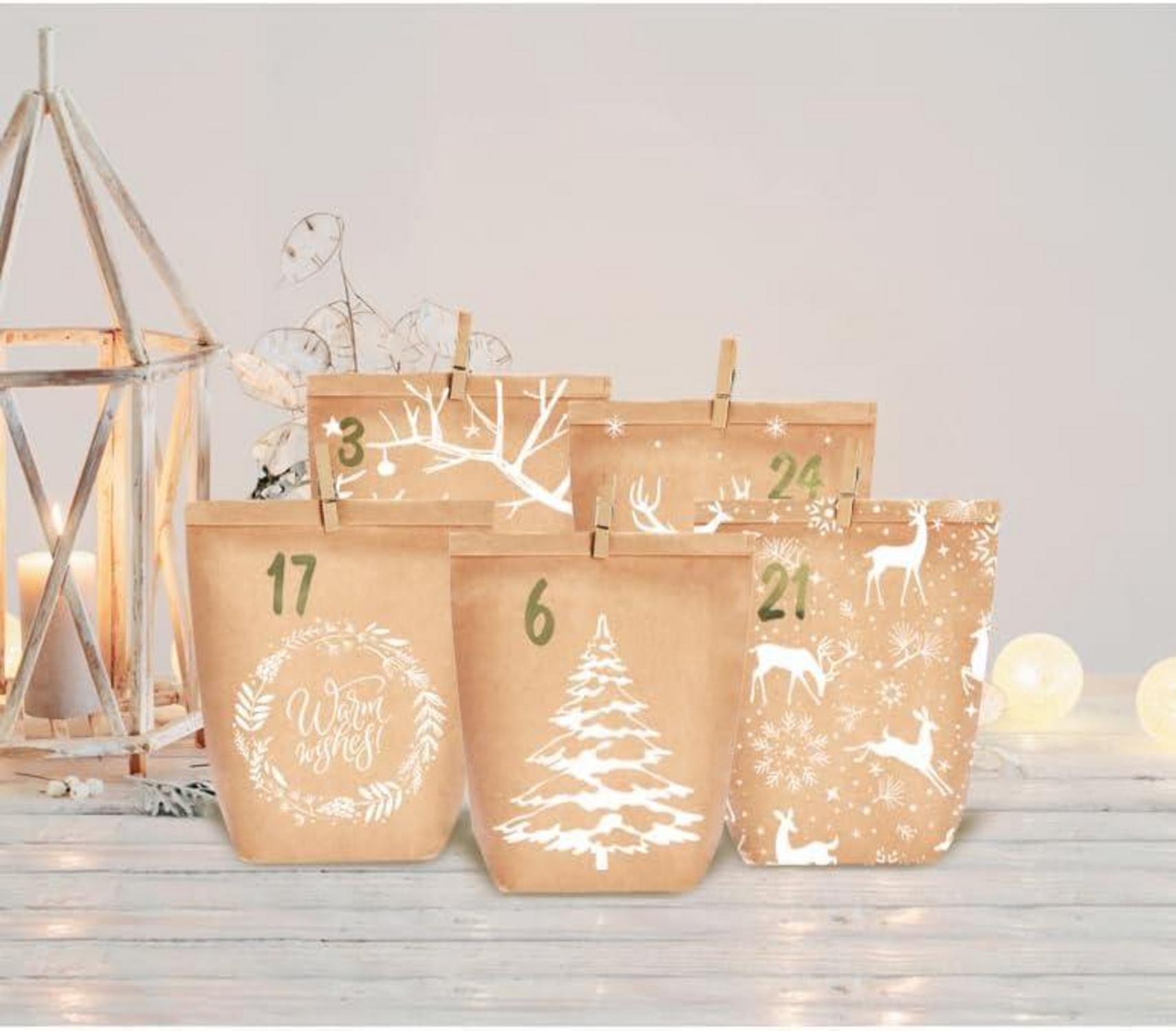 Adventskalender zum Befüllen 24 Weihnachtskalender Papiertüten DIY Kraftpapier Braun