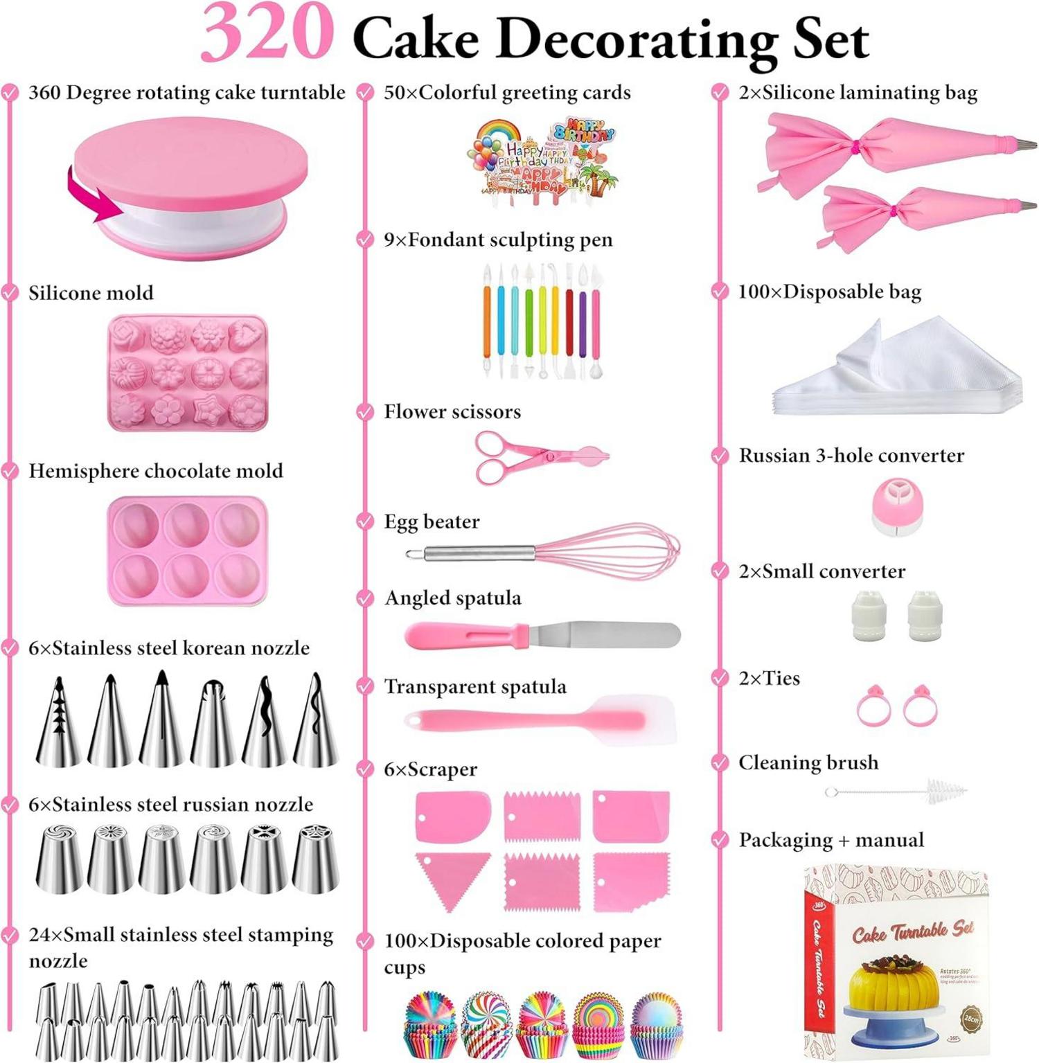 Torten Zubehör Set Drehbarer Tortenständer Spritztüllen Backzubehör 320 Stück