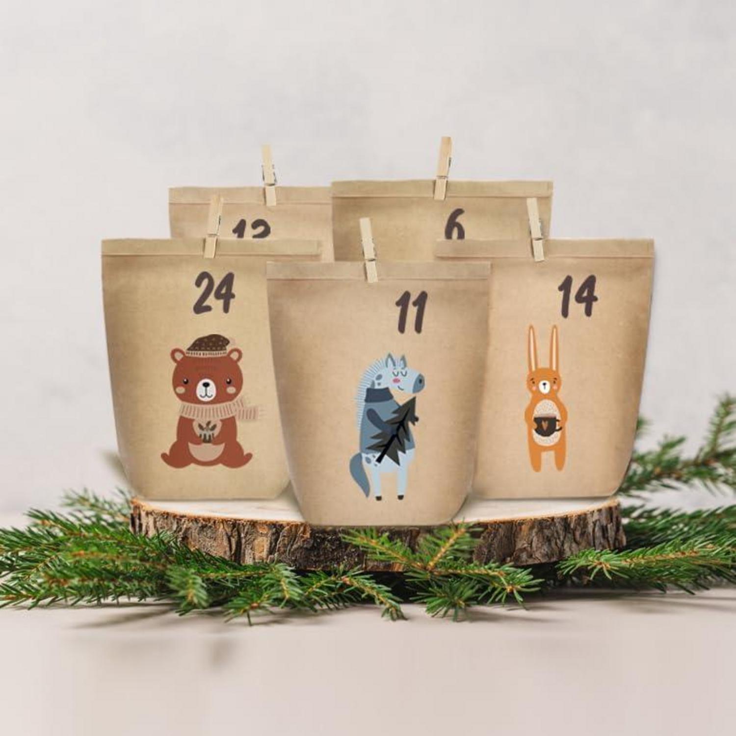 Adventskalender zum Befüllen 24 Weihnachtskalender DIY Geschenktüten Braun Weihnachtswald