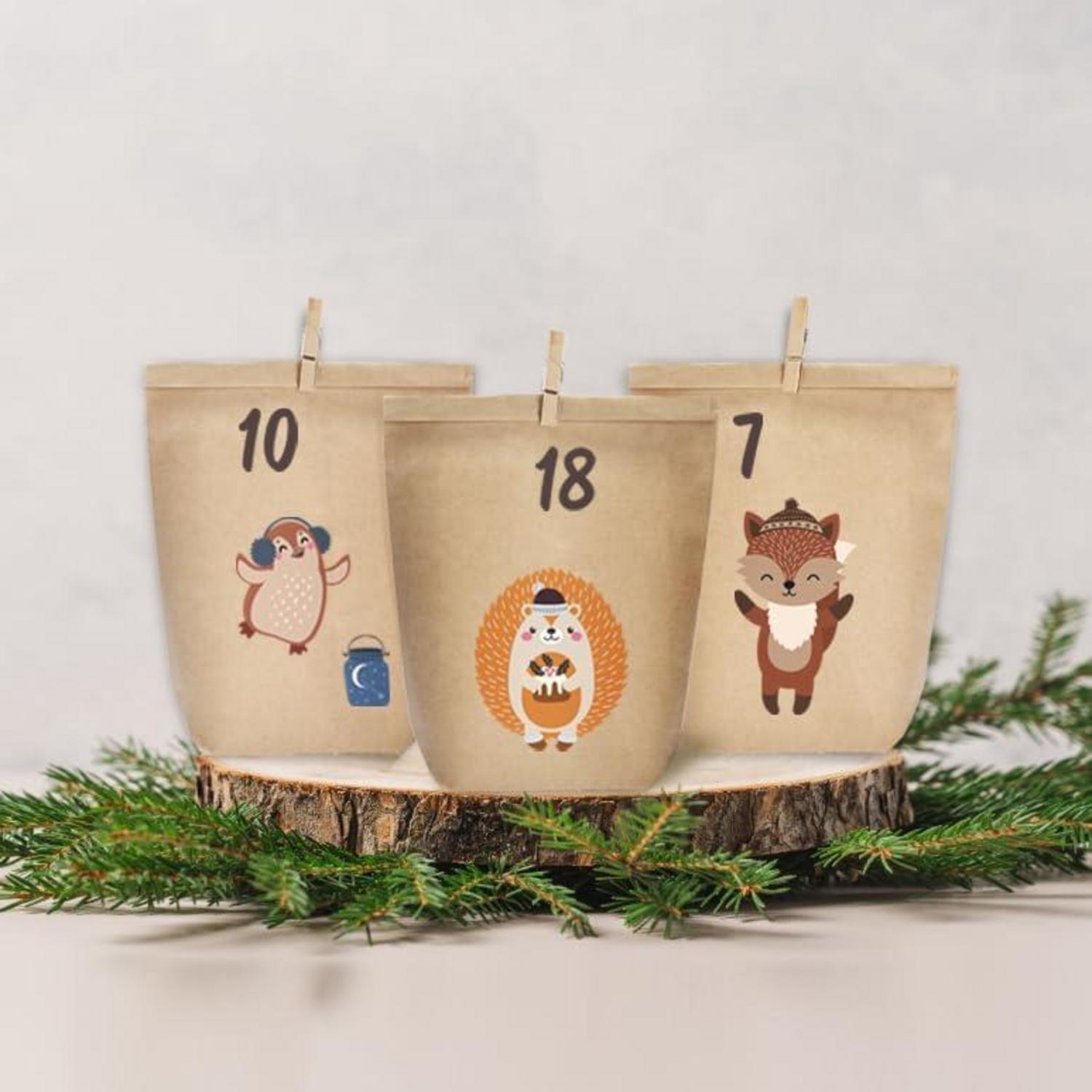 Adventskalender zum Befüllen 24 DIY Weihnachts Papiertüten Braun Waldtiere