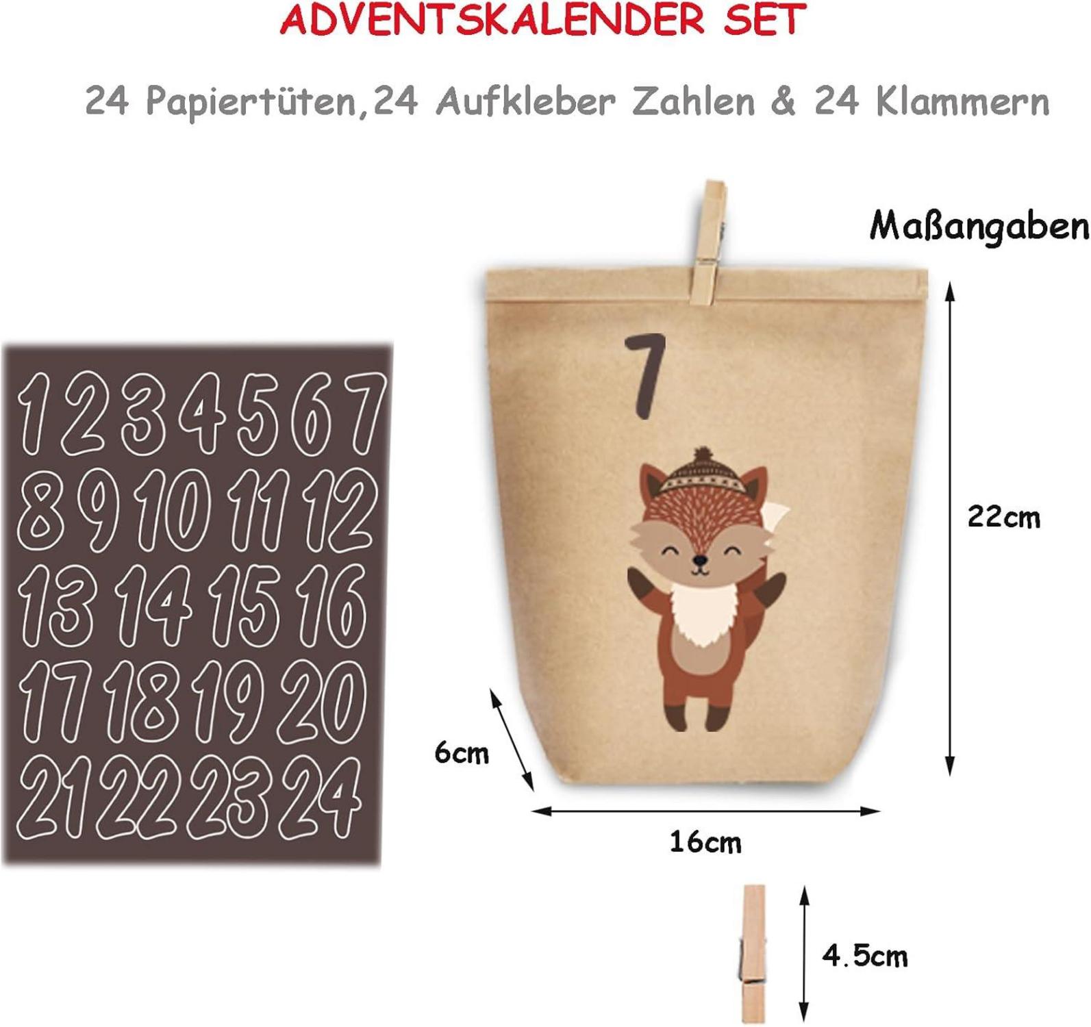 Adventskalender 24 Kraftpapier Tüten DIY Weihnachtswald Kinder