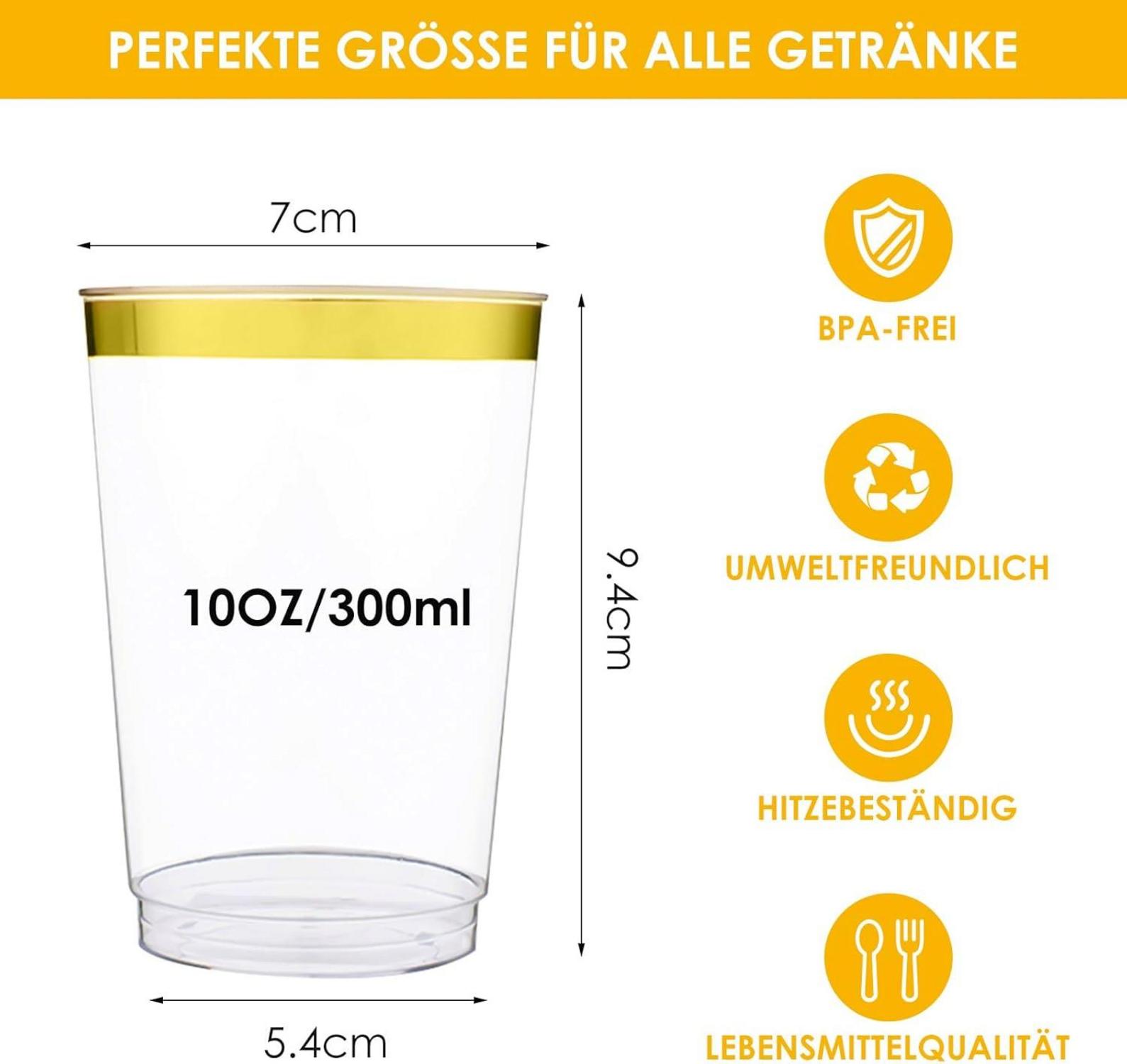 60 Stück 10oz Goldrand Partybecher wiederverwendbar 300ml