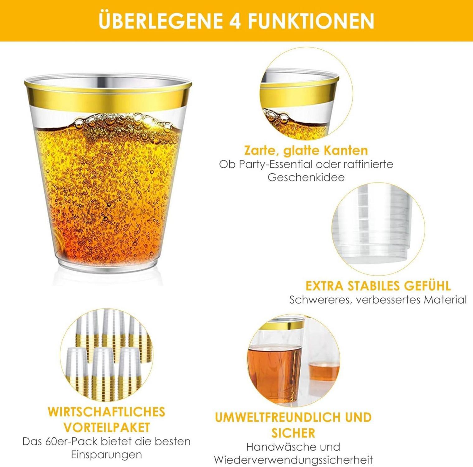 60er Set Goldrand Partybecher 10oz/300ml für Getränke Champagner