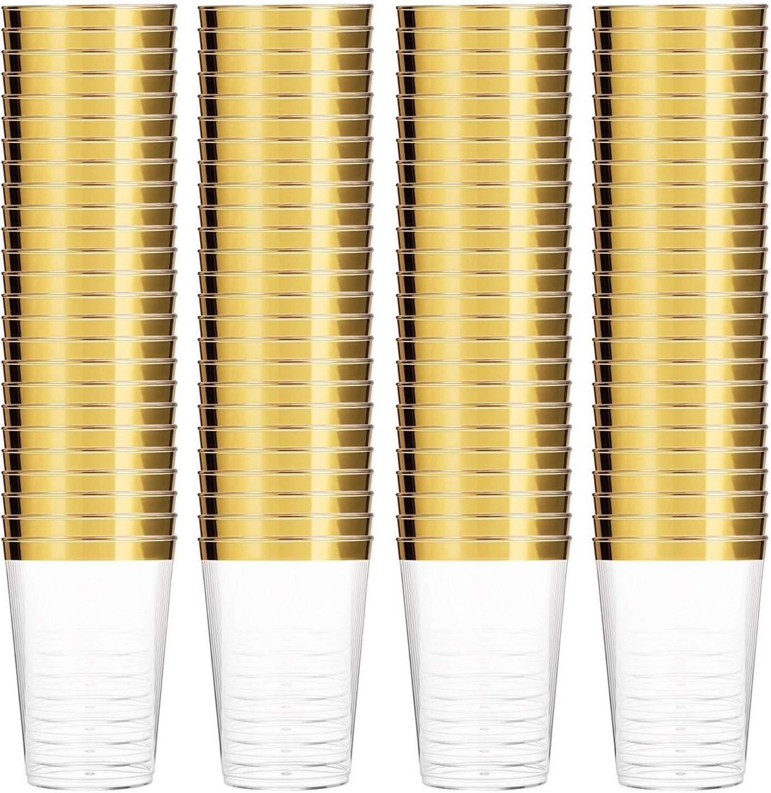60 Stück Goldrand Partybecher Set, 300ml, Wiederverwendbar, Hochzeit, Geburtstage