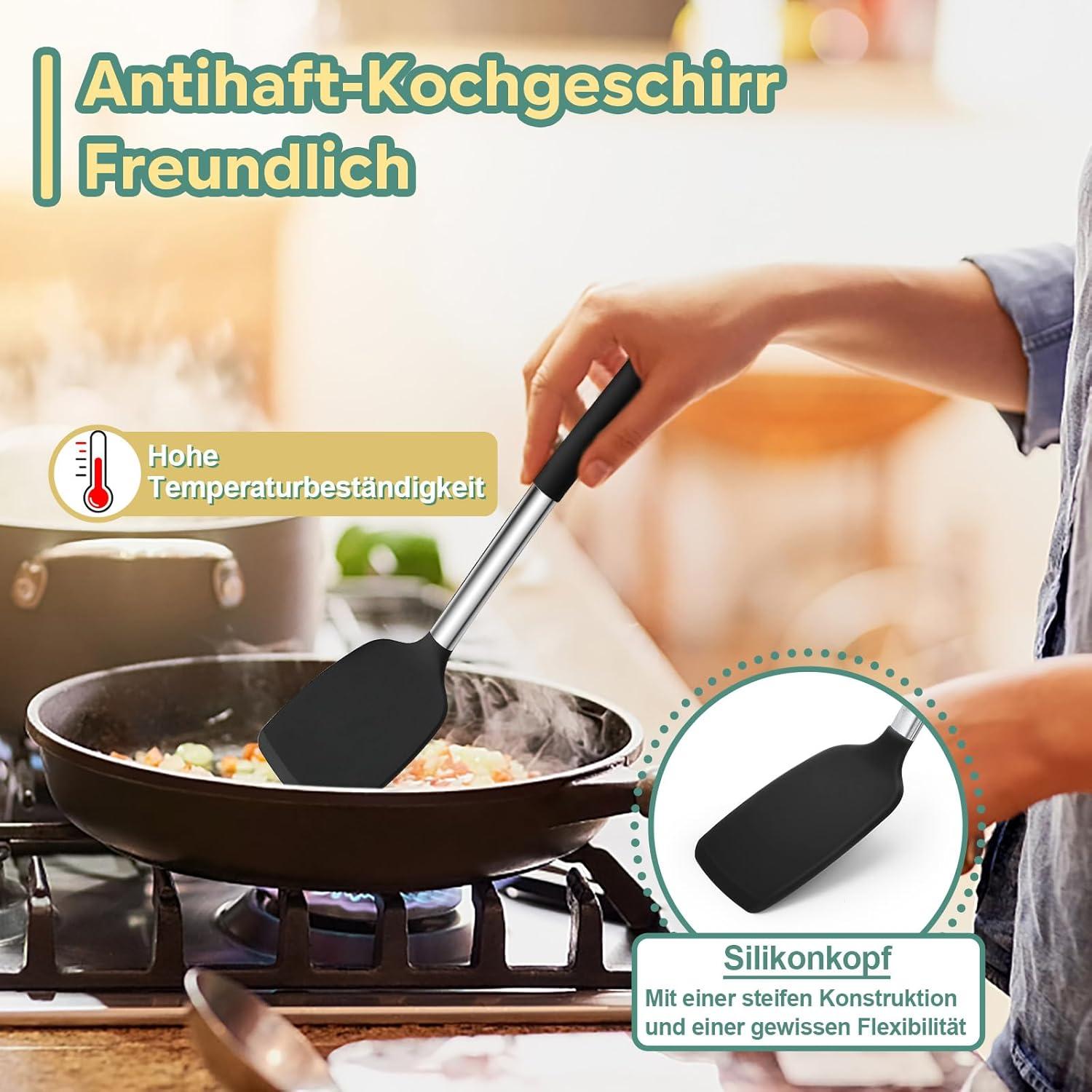 TEAMFAR Silikon Küchenhelfer Set 6-teilig Schwarz Edelstahlgriff Hitzebeständig Antihaft Spülmaschinenfest