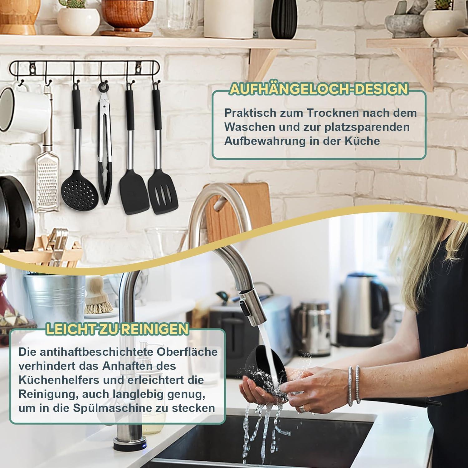 6-teiliges Silikon Küchenhelfer Set mit Edelstahlgriff - Hitzebeständiges