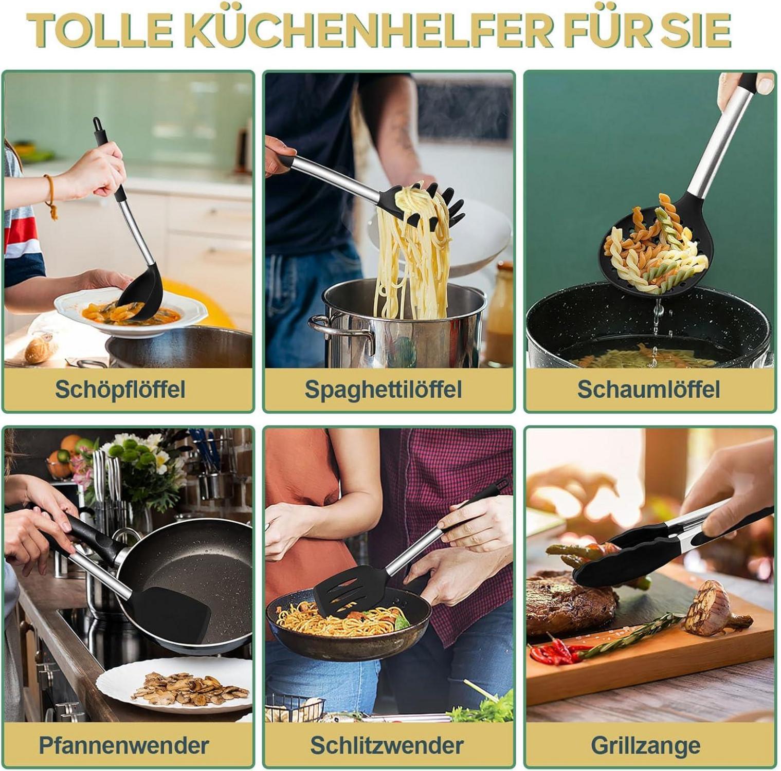 6-teiliges Silikon Küchenhelfer Set mit Edelstahlgriff - Hitzebeständiges