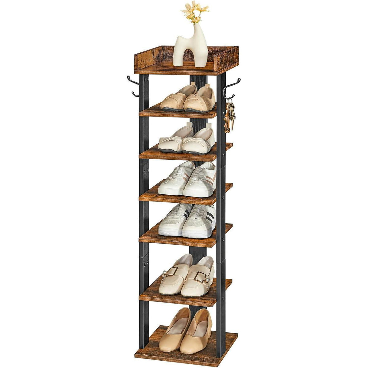 7-stöckiges schmales Schuhregal mit Haken, dunkelbraun-schwarz