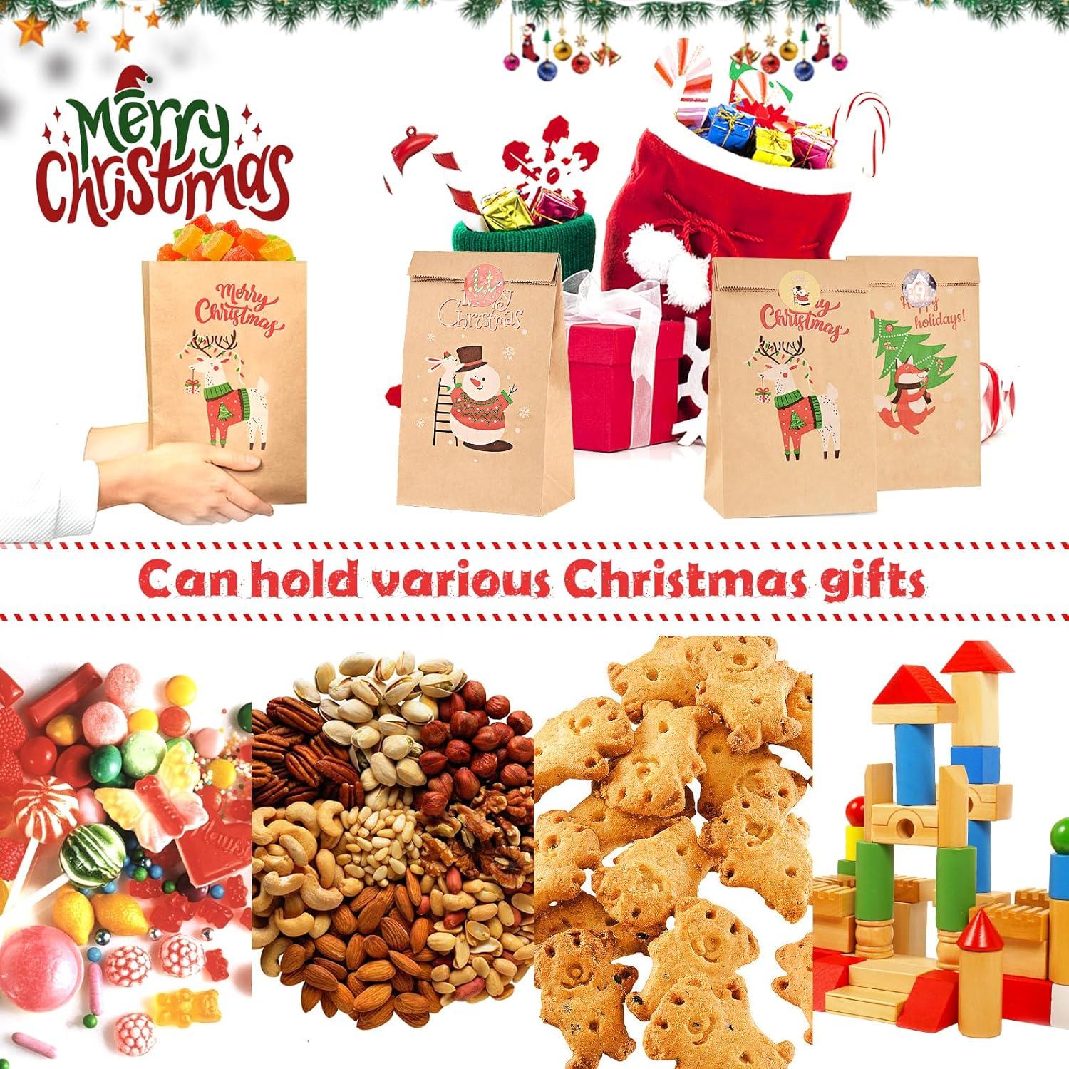 CHEPULA Weihnachtstüten Braun, 24 Stück mit Aufkleber, Kraft Papier Geschenktüten für Party