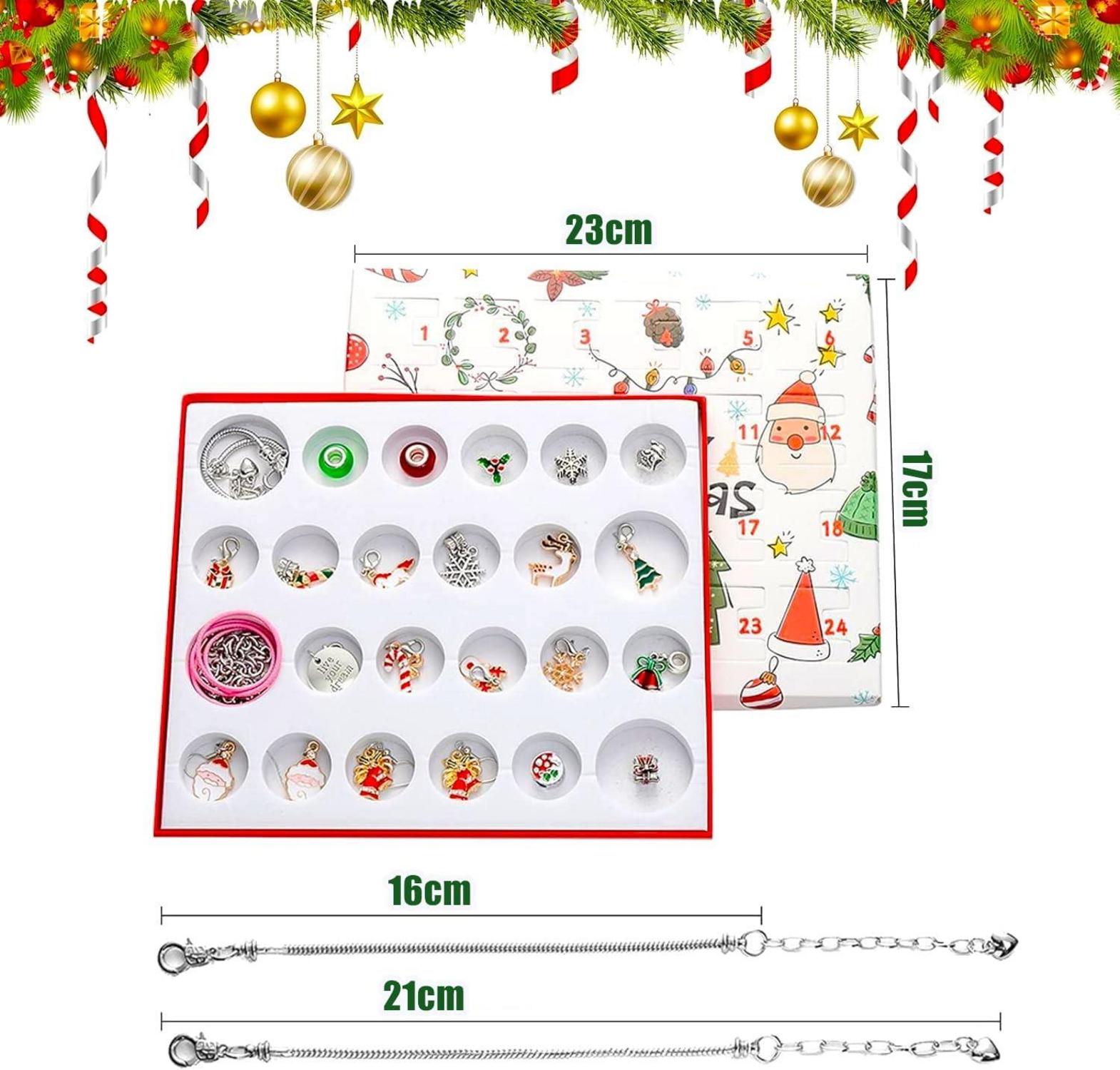 Adventskalender-Set 2024 mit 24 Weihnachtsanhängern und 2 Armbändern