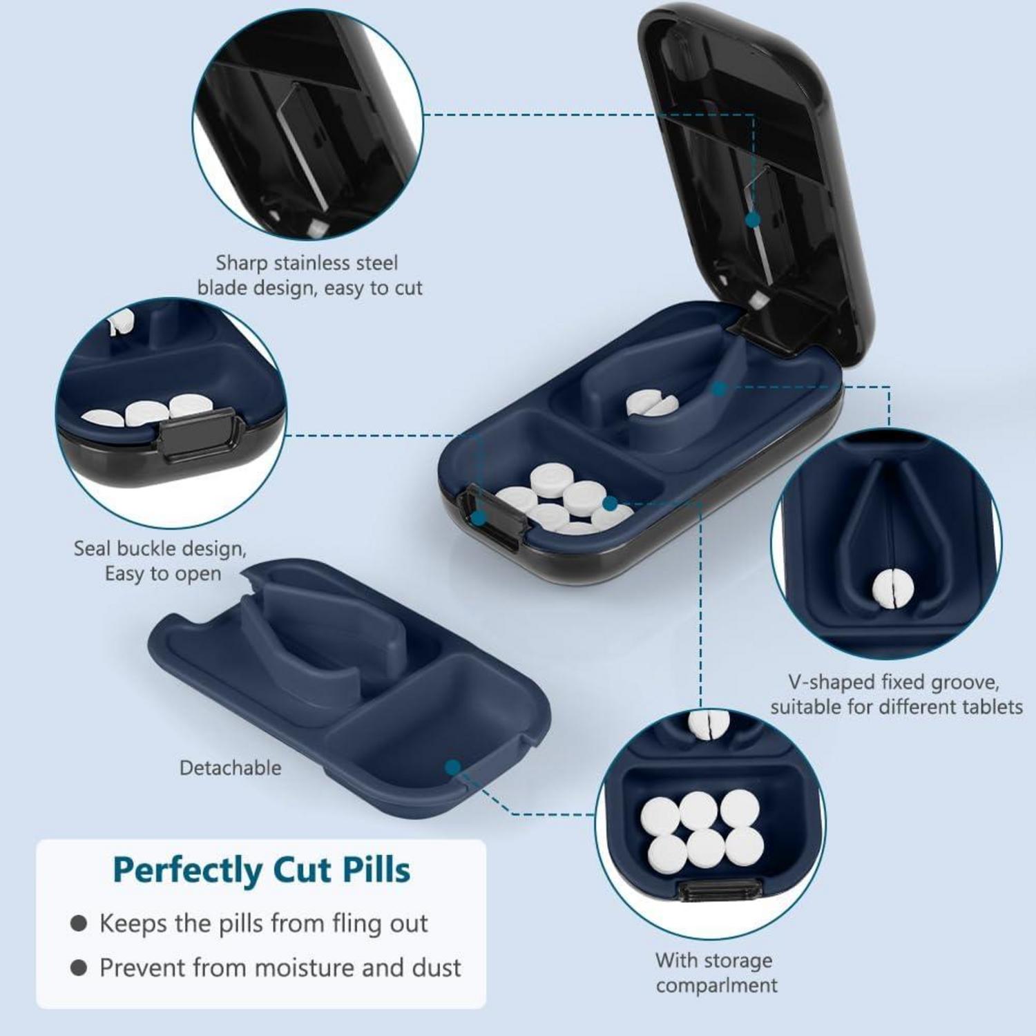 Tablettenteiler mit Aufbewahrungsfach und scharfen Klingen