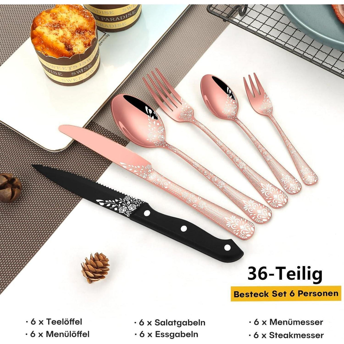 36-teiliges Besteckset Roségold für 6 Personen mit Steakmessern