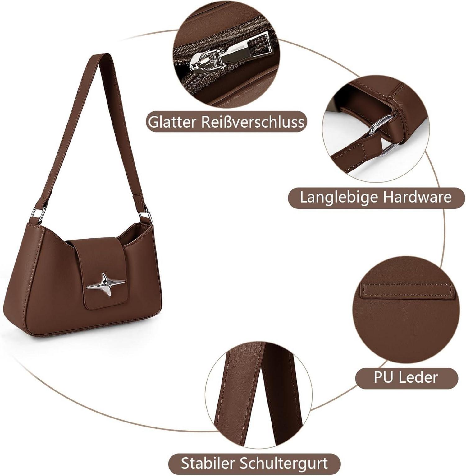 Moderne Kleine Damen Handtasche Leder Vintage Schultertasche Y2K Stil Taupe