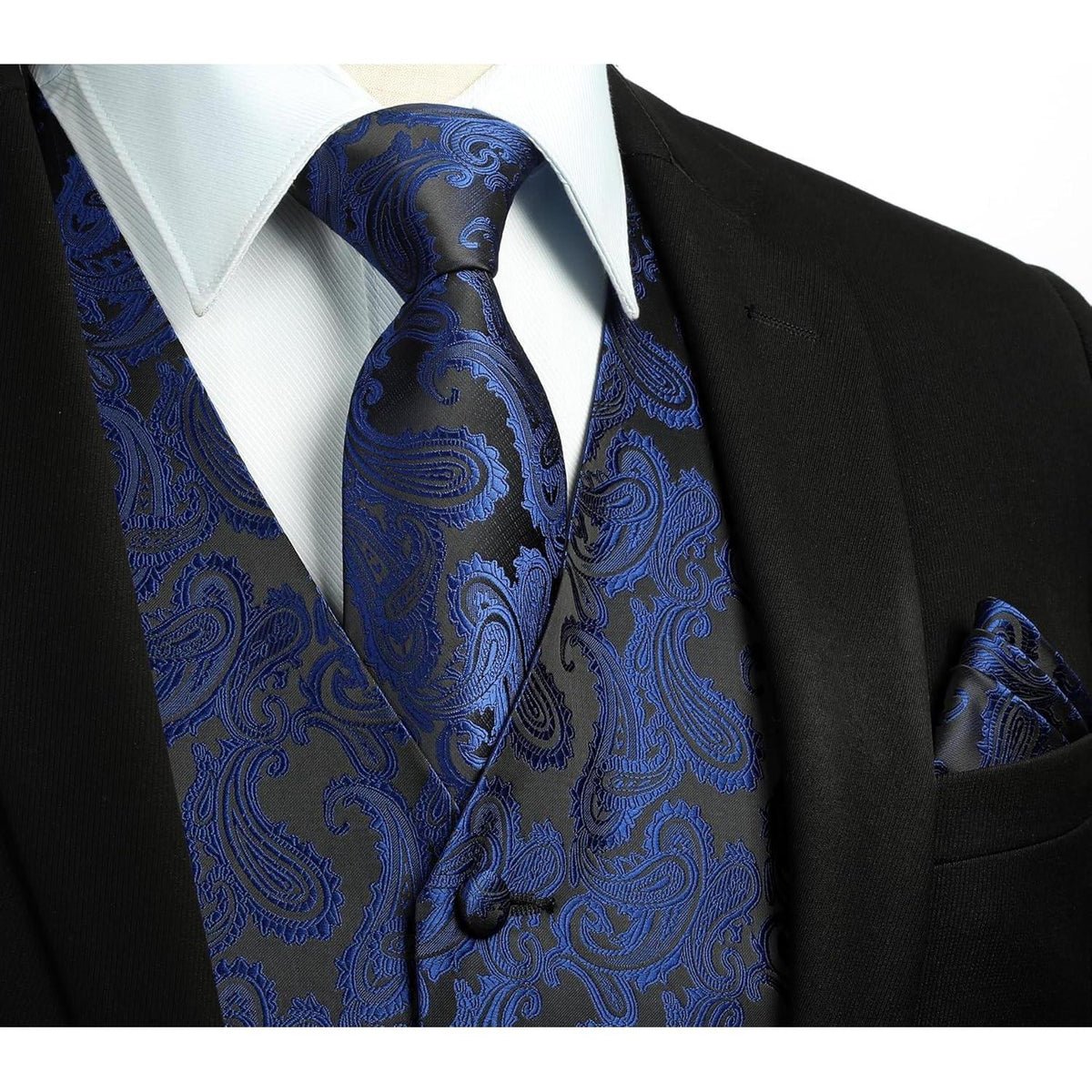 Herren Weste Krawatte Einstecktuch Set Jacquard Marineblau