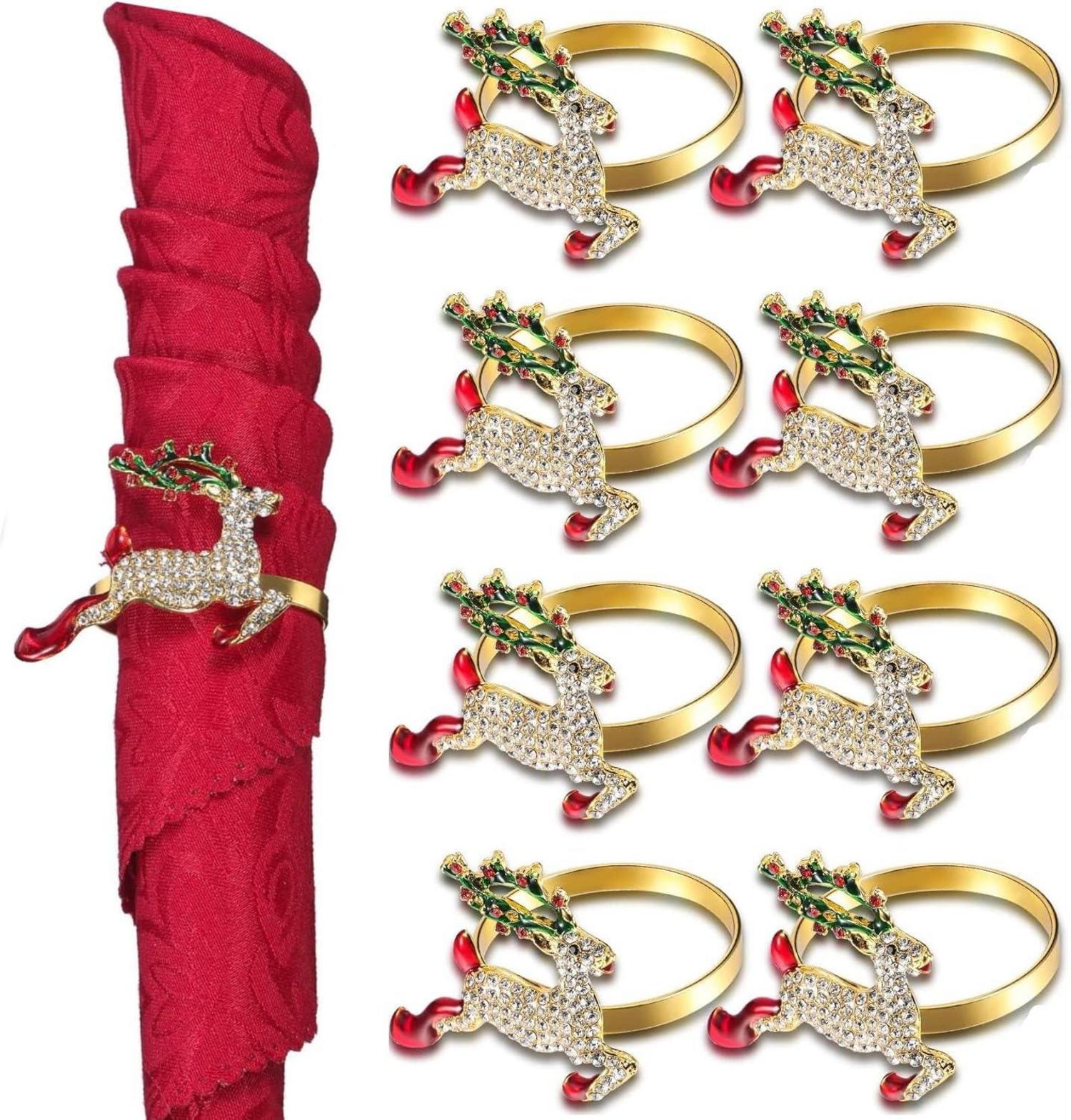 8er Set Weihnachts Serviettenringe Gold mit Hirsch und Strass