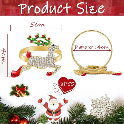 8er Set Weihnachts Serviettenringe Gold mit Hirsch und Strass