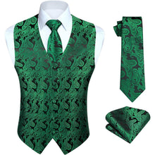 Herren Weste Krawatte Einstecktuch Set Jacquard Grün XL