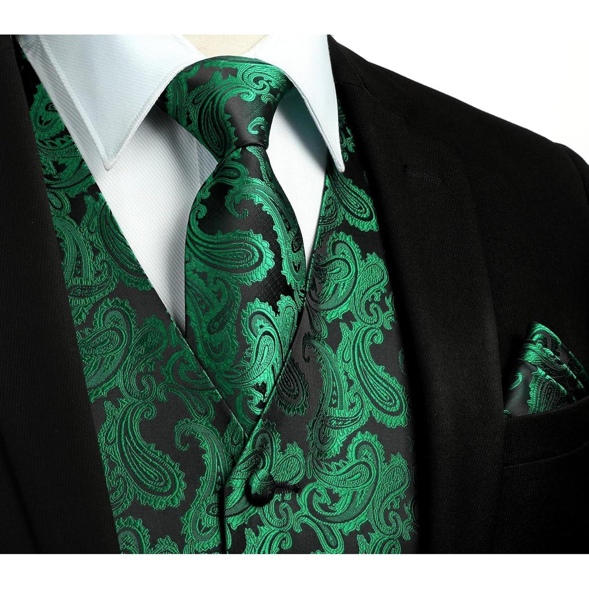 Herren Weste Krawatte Einstecktuch Set Jacquard Grün XL
